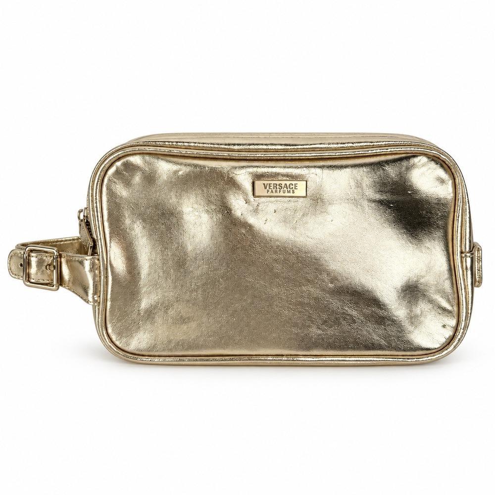 Versace Parfums Gold Metallic Toiletry Bag Cosmetic Pouch Travel Case Luxury